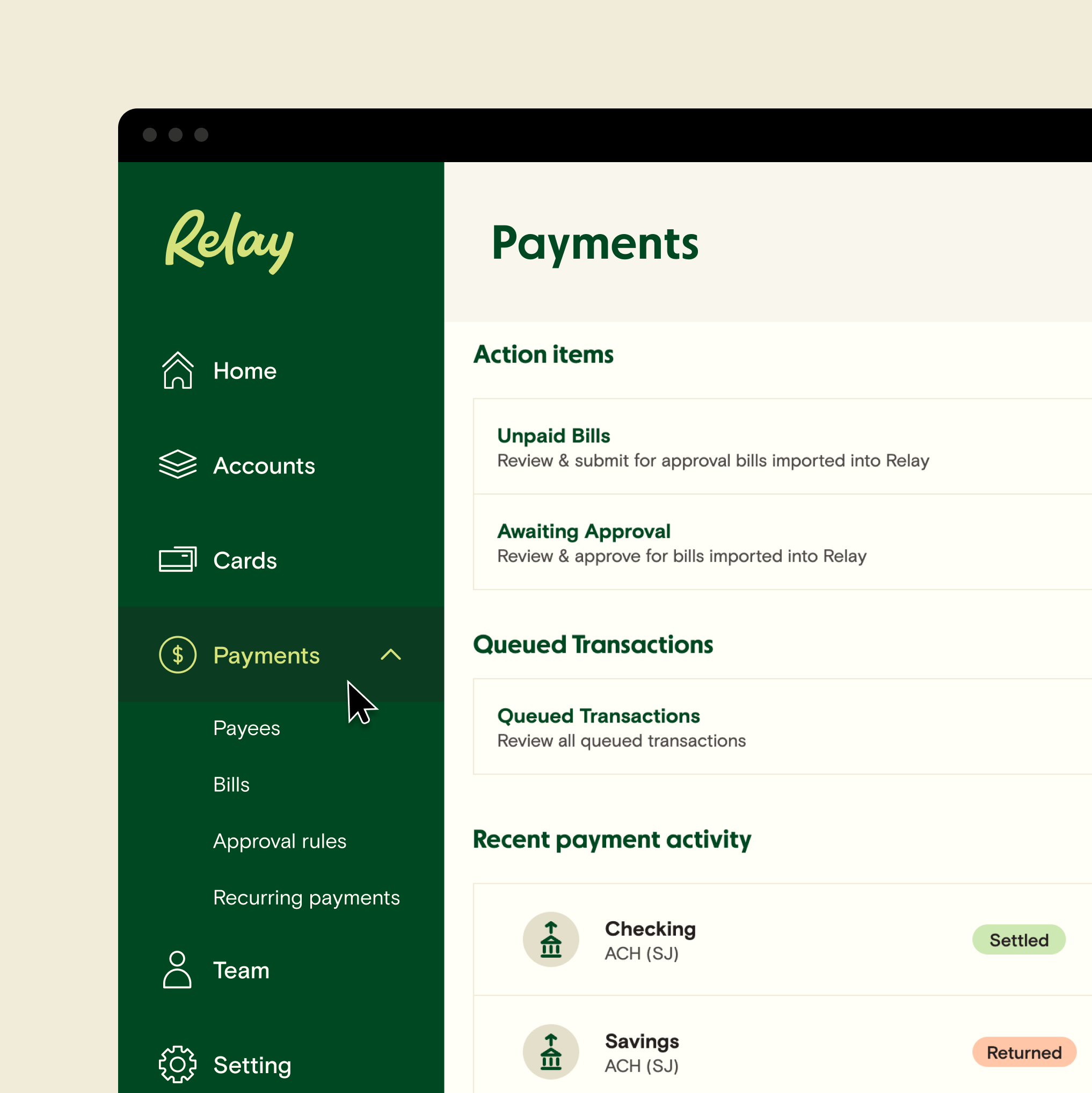 Payments tab in Relay with options to select Unpaid Bills, Awaiting approvals, or Queued transacations.
